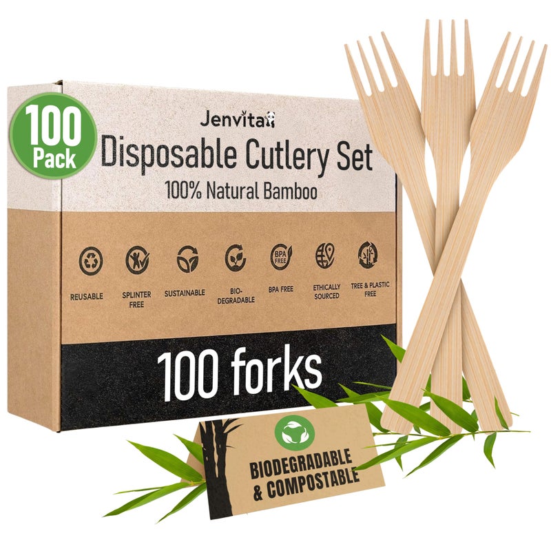 Jenvita 100% Bamboo Forks Set - High End Disposable Cutlery (100 Biodegradable Forks) | Reusable or Disposable Bamboo Utensils | Compostable FSC Certified Flatware for Weddings, Camping, Parties - Image 1